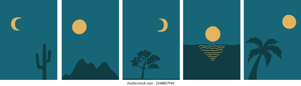 collection of simple modern abstractions of night landscapes: hills, moon, cactus, palm tree, ocean, tree on a colored dark background