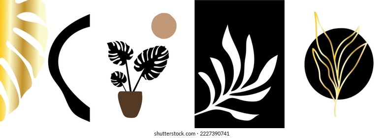 Collection of simple modern abstractions: plants, monstera leaf, vases and pots, geometric shapes on a white background