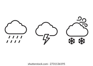 Coleção de ícones de tempo de design plano simples e moderno que representam chuva, tempestades, neve e vento para previsões e aplicativos.