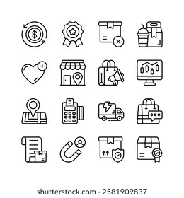 A collection of simple and modern icons representing various aspects of ecommerce