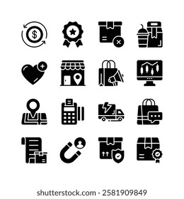A collection of simple and modern icons representing various aspects of ecommerce