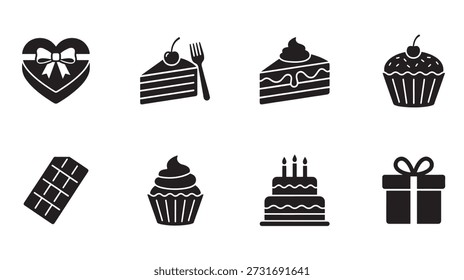 Uma coleção de ícones simples e modernos que representam deliciosos doces e presentes comemorativos em estilo de design plano.