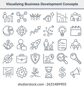 Collection of simple, modern line icons representing various aspects of business development. Clean and minimalist design conveys key concepts.
