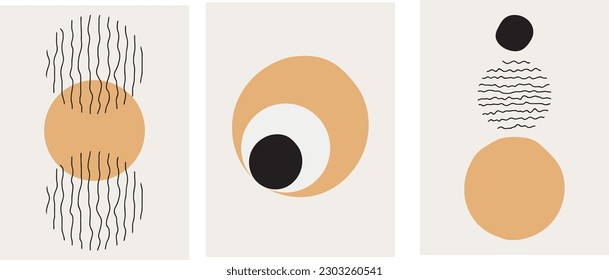 Collection of simple modern, minimalistic abstraction posters with geometric shapes (circles) and lines on a beige background