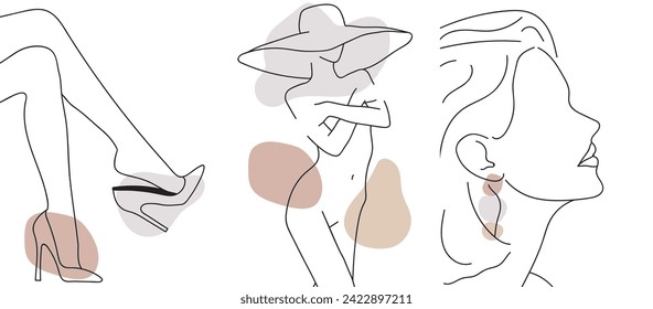 collection of simple modern posters with sexy linear silhouettes of a naked girl in a hat, profile portrait and legs in shoes with geometric shapes on a white background