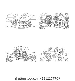 Collection of simple, monochromatic landscape illustrations in a cartoon style.