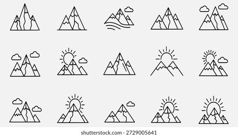 Colección de íconos simples de las montañas con diferentes Elementos de Clima como nubes, sol y rayos en estilo minimalista de arte lineal.
