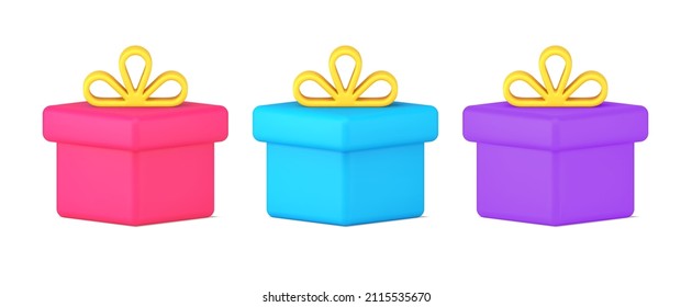 Collection simple multicolored paper containers wrapped cardboard for holiday present storage 3d icon isometric vector illustration. Set cubes bright gift boxes decorated by glossy yellow bow isolated