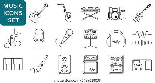 Collection of Simple Music Related Vector Line Icons.
Contains Icons like Guitar, Drums, Piano, amplifier, Headphones, saxophone and more.
Editable stroke. 