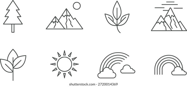 Colección de íconos simples de la naturaleza con árboles, montañas, hojas, sol, nubes y arco iris