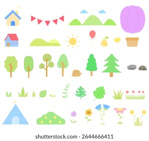 collection of simple nature illustrations with trees, grass, flowers, tent and mountains