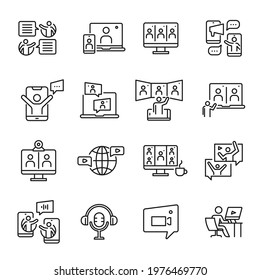 Collection of simple online meeting icon vector illustration. Set of monochrome logo of internet videoconference, remote chatting, distance communication isolated. Self isolation, webinar, e learning