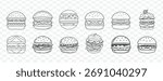 Collection of simple outline burger designs artistic line art food set for design