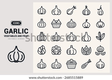 Collection of Simple Outline Garlic Icons for Culinary Use White Background.
