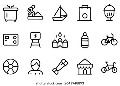 Collection of simple outline icons depicting various everyday objects and activities in black and white