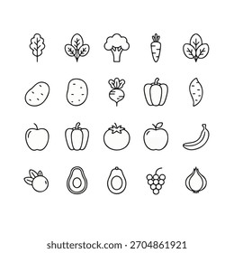 Uma coleção de ícones simples com vários alimentos saudáveis, incluindo frutas e legumes. Perfeito para projetos relacionados à nutrição, dieta, bem-estar e alimentação saudável.	