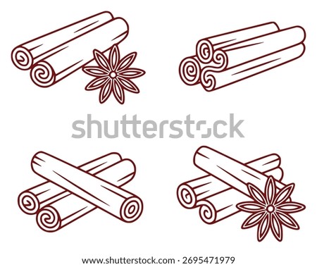 A collection of simple, outline icons featuring cinnamon sticks and star anise, commonly used spices in cooking and baking.