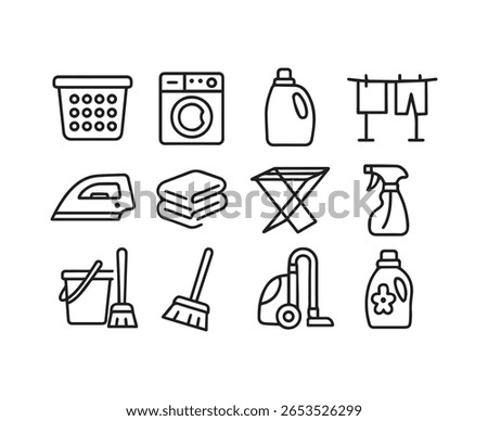 A collection of simple outline icons including a washing machine iron and other cleaning related items showcasing cleanliness and home care