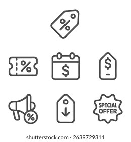 A collection of simple outline icons related to shopping, sales, and promotions. This icon set features a clean and modern design, suitable for various marketing and advertising materials, web design.