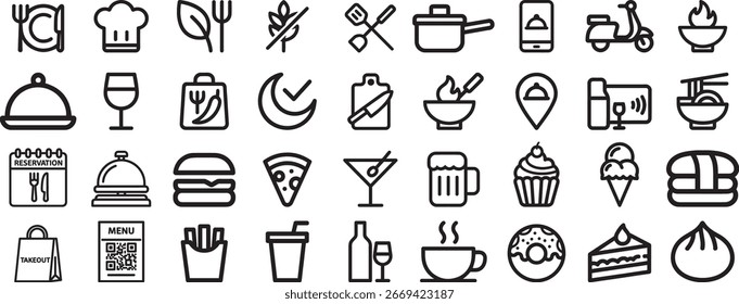 Collection of simple outline icons representing food, dining, and restaurant services, an isolated vector set for menu or web design.