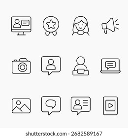 Sammlung einfacher Kontursymbole, die UGC, Kommunikations-, Medien- und Lifestyle-Elemente darstellen, Vektorgrafik

