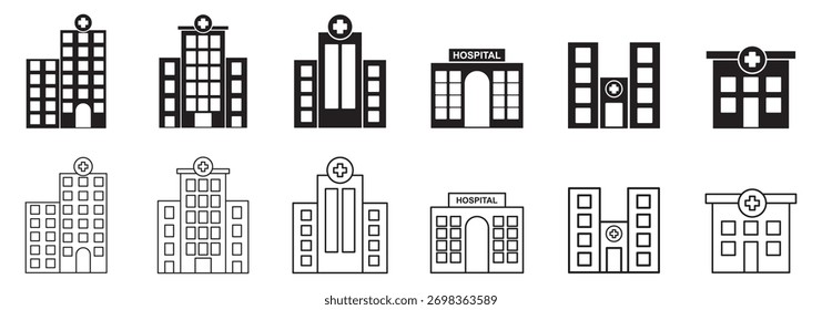 Colección de iconos de contorno simple que representan varios tipos de edificios hospitalarios y médicos