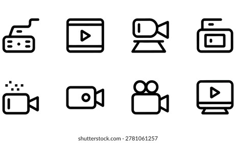 Collection of simple outline icons representing video recording devices and multimedia playback inte