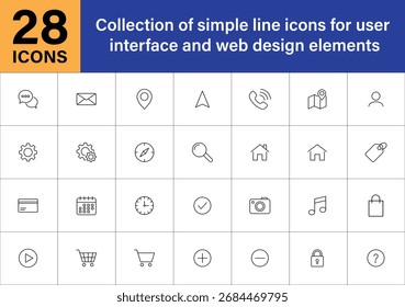 Colección de iconos de contorno simples para el Web y el diseño App. Un conjunto de iconos de línea minimalistas que representan 
Elementos esenciales de interfaz digital como comunicación, navegación, Configuraciones y comercio