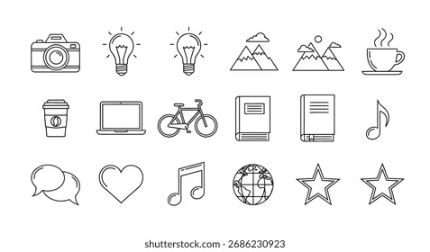 Collection of simple outline icons for web and design applications featuring diverse concepts vector