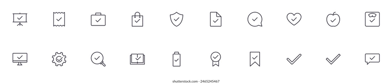 Colección de ilustraciones esquemáticas simples de la comprobación. Iconos modernos de la línea para App, Sitios web, tiendas, tiendas