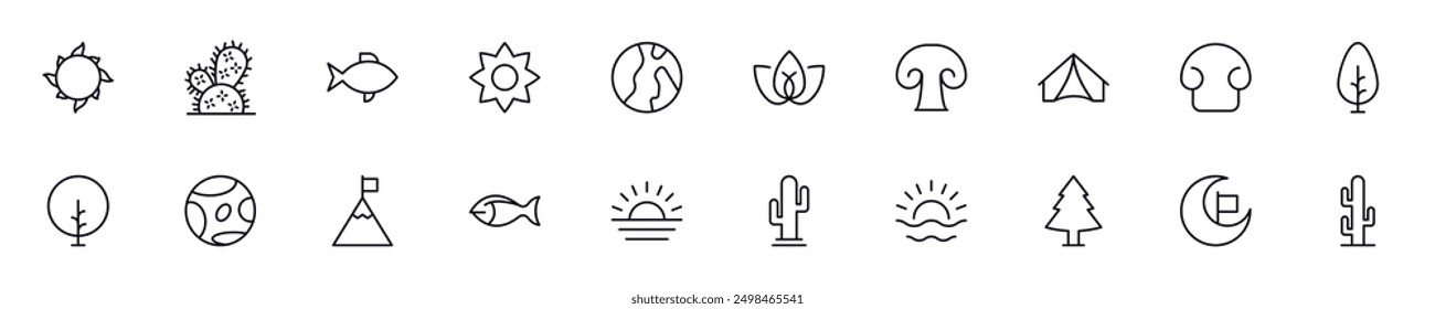 Collection of simple outline illustrations of nature. Modern line icons for apps, web sites, shops, stores