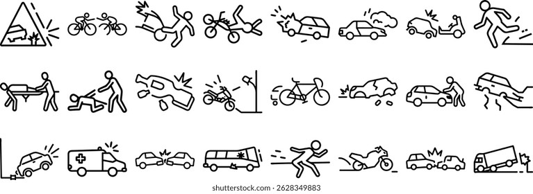 Colección de ilustraciones de iconos de conjuntos de esquemas simples que representan diferentes tipos de accidentes e incidentes de tráfico