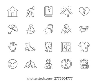 A collection of simple outline style icons representing various aspects of poverty and hardship. The icons include a house, a person digging, a cracked glass, a damaged roof, a broken heart, an
