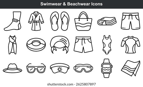 Collection of simple outline swimwear and beachwear icon set for summer holidays and travel