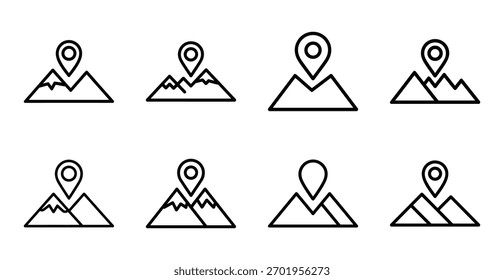 Uma coleção de ícones vetoriais simples com montanhas com pinos de localização, representando destino, viagem e aventura ao ar livre. Ideal para mapear aplicativos e sites.
