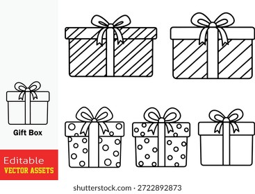 Collection of Simple Outline Vector Illustrations of Various Gift Boxes Each Adorned with a Bow Showing Different Patterns and Styles

This professional image features a curated set of simplified line-art style illustrations of gift boxes, meticulously isolated on a transparent background for maximum versatility. The collection showcases a range of gift box designs, each defined by a consistent black stroke that captures the essential form of the presents. Various decorative patterns are featured, including elegant parallel diagonal stripes and cheerful polka dot motifs, all topped with neatly tied ribbons and bows—the universal symbol for special occasions. The set provides multiple perspectives, from horizontal views showing lid details to frontal representations, offering a cohesive yet diverse toolkit for designers. These high-quality, editable vector assets are perfect for holiday greeting cards, e-commerce promotions, birthday invitations, and festive branding projects, providing a clean and modern aesthetic for both digital and print media.

Key Features include
Diverse Patterns and Styles Includes a variety of box designs featuring stripes, polka dots, and plain surfaces to suit different festive themes.

Minimalist Line-Art Aesthetic The clean black outline ensures that these icons remain timeless and easily adaptable to any color scheme or design layout.

Universal Celebration Symbols Ideal for Christmas, birthdays, weddings, anniversaries, and corporate gifting promotions.

Professional Vector Quality Provided as fully scalable and editable vector files, allowing for effortless customization of line weight and size without losing detail.