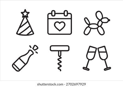 A collection of simple, outlined icons representing various party and celebration items.