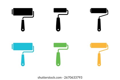 Sammlung von einfachen Farbroller-Symbol-Set in schwarzen, blauen, grünen und gelben Farben angezeigt. Malerausrüstung für die Wanddekoration auf weißem Hintergrund.