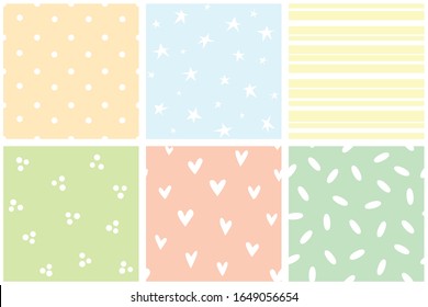 Collection of simple patterns. Polka dots, stars, hearts, stripes, spots, rice. Muted delicate colors