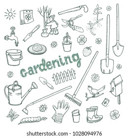 Collection of simple pictures of doodles spring work in the garden. Vector sketch on white background