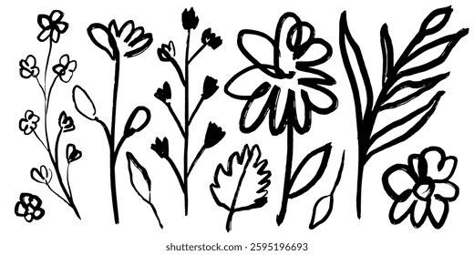 Collection of simple plants painted with dry brush. Set of childish style flowers and leaves isolated on white background. Silhouettes of botanical elements