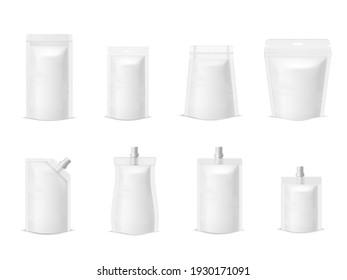 Collection simple plastic paper doy pack mock up packaging vector illustration. Set of package pouch packet bag sack with zip lock or cap system of storage keeping for food and drink isolated on white