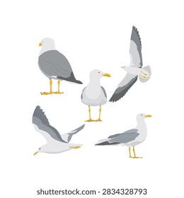 Collection of simple realistic flat cartoon vector illustration featuring a flock of five seagull seabirds, where three birds are standing calmly and two are flying actively, set against an isolated blank background to capture a peaceful summer coastal scene.
