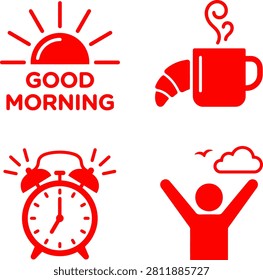 Collection of simple red icons representing morning routines. Sunrise coffee croissant alarm and awakening person for breakfast or start-of-day concepts.