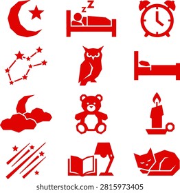 Collection of simple red vector symbols depicting sleep nocturnal themes and bedtime routines for commercial use.