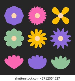 Colección de flores de margarita de estilo retro simple y Elementos botánicos de doodle aislados sobre fondo oscuro para diseño de pegatinas