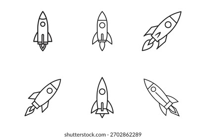 Kollektion von einfachen Illustrationen für die Linienkunst von Raketenschiffen für Gestaltungselemente und kreative Projekte auf weißem Hintergrund