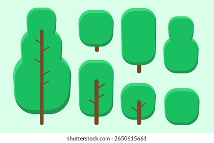 A collection of simple rounded tree vectors in flat design style. Perfect for forest, park, or outdoor nature-themed illustrations and animations.