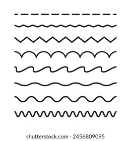 Colección de líneas de borde simples sin costuras, incluyendo líneas en zigzag, curvas, cosidas y más. Ilustración vectorial plana.