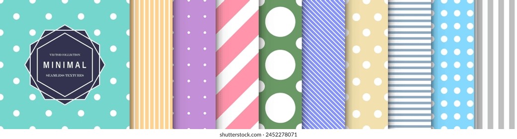 Kollektion von einfachen nahtlosen geometrischen Farbmustern. Gepunktete und gestreifte minimalistische niedliche Hintergründe. Schöne helle Textil ungewöhnliche Drucke